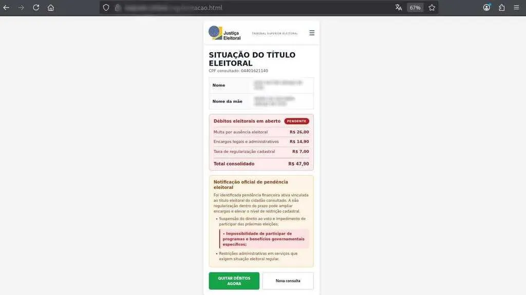 Imagem mostra página falsa do TSE